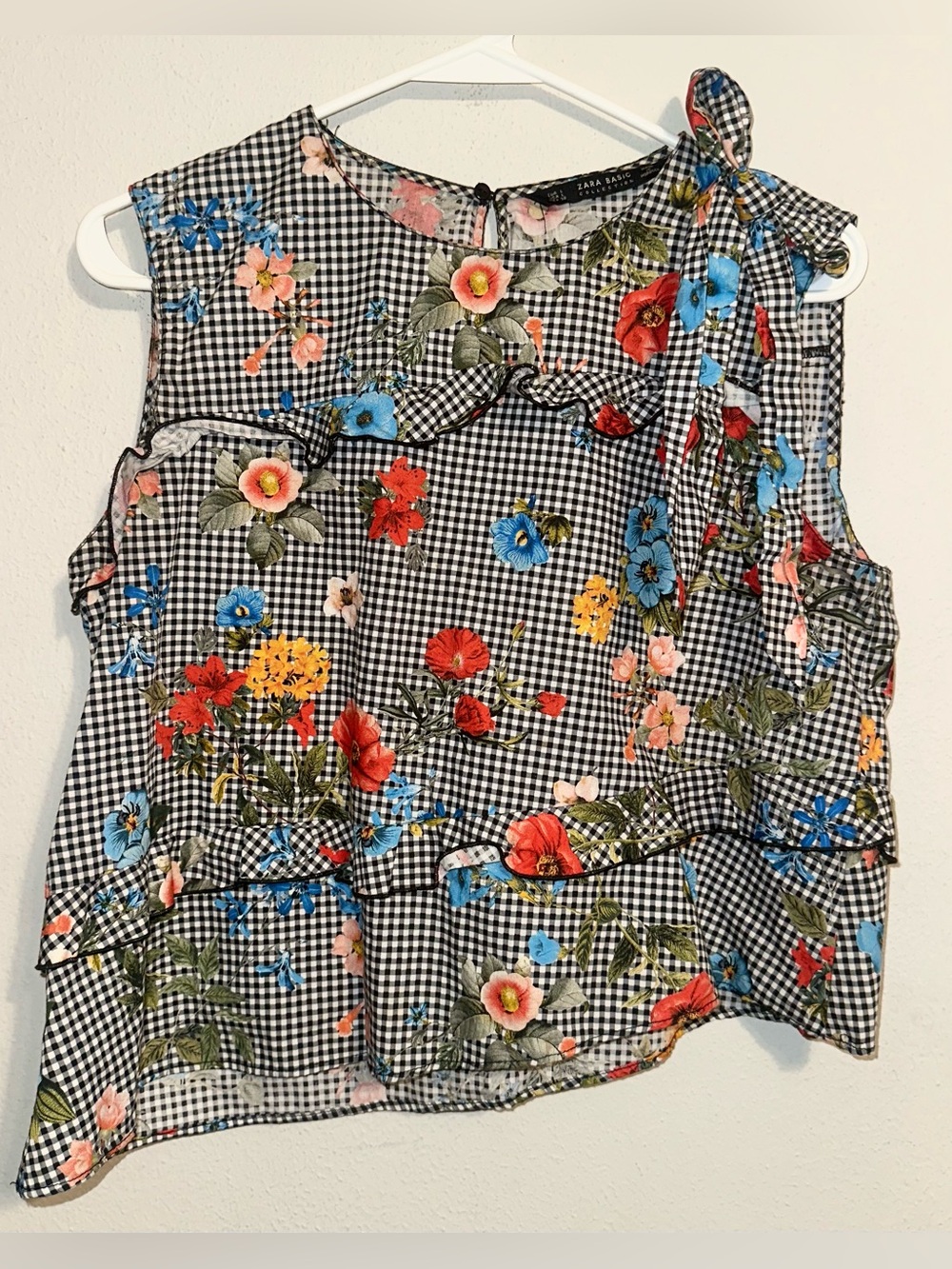 Zara Black and White Floral Gingham Asymmetrical Top